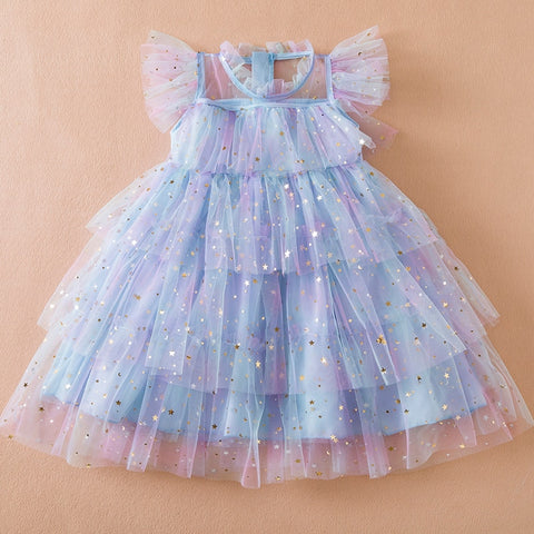 Girl Sequin Rainbow Princess Dress 3 6 8 Yrs Fancy Kids Unicorn Mesh Party Cake Clothes Toddler Girl Summer New Birthday Costume