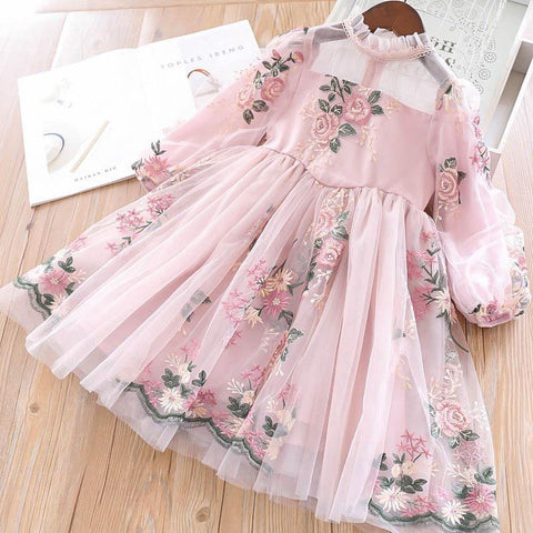 New Girls Elegant Dress Wedding Party Princess Dress Casual Girls Clothes Long Sleeves Flower Embroidery Children's Vestido 3 8Y