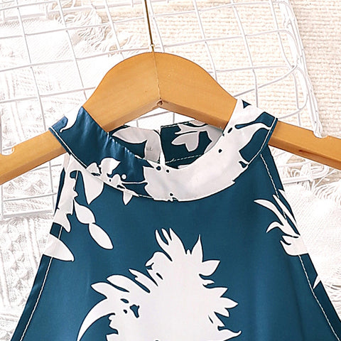 Girls' Summer Knee Length Skirt Casual Style Polyester Small Round Neck Hanging Neck Sleeveless Printed Dress Belt Comfortable