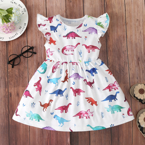 Summer Dress for Girls Lovely Cartoon Animal Dinosaur Flying Sleeve Kids Dresses Cotton Ruffles New Toddler Girl Clothes 1-7Y