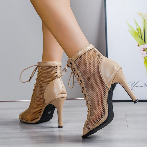 Sandals Hollow Mesh Heels women's Shoes Summer 2022 Trend Black Lace-Up Sexy Peep Toe Boots Stilettos Jazz Dance Female Shoes