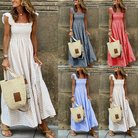 Women Boho Beach Dress Elegant Square Collar Plaid Dress Summer Casual Vintage Pleasted Dressre Y2K Cloting Sleeveles Maxi Dress