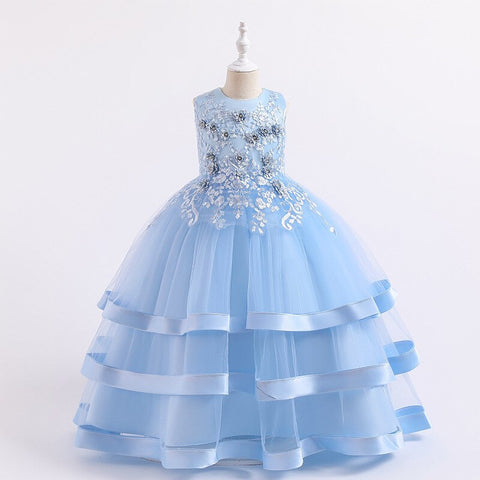 Summer New Children Fashion Embroidery Pearl Trailing Dress Middle And Big Children Party Flower Girl Piano Performance Clothing