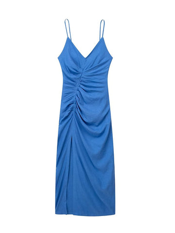 TRAF Summer Women Solid Dress 2023 New Beach Style V-Neck Pleated Decoration Mid-Calf Side Slit Sheath Spaghetti Strap Dress