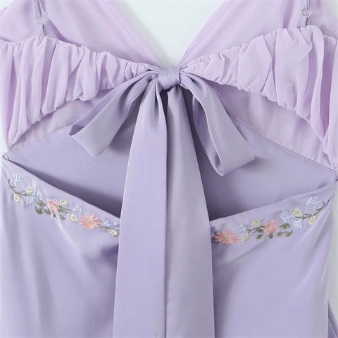 Suninheart  Summer Elegant A Line Embroidery Dress Lilac V Neck Spaghetti Strap Chiffon Holiday Party Dress Lace Up Women Dress