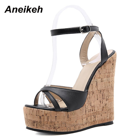 Aneikeh NEW Sexy Shoes For Women 2023 Fashion Platform Sewing Wedges High Heels Patchwork Retro Sandals Summer Femmes Chaussures