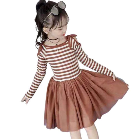 Baby Girls Dress Princess Autumn Sweater Fleece Gauze Tutu Dresses Children Clothing Long Sleeve Rainbow Stripes Dress For Girls