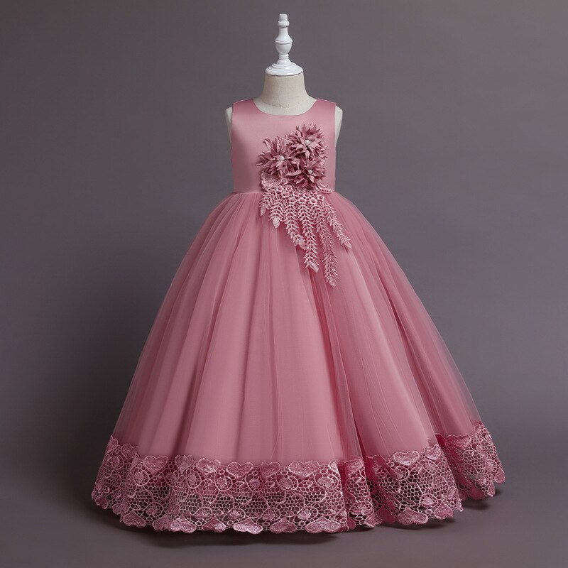 New Children Embroidery Fashion Dress Skirt Summer Long Lace Edge Princess Catwalk Dress Girls Flower Party Performance Dress