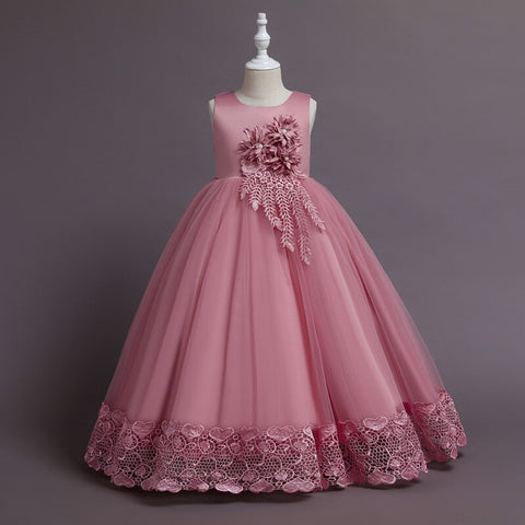New Children Embroidery Fashion Dress Skirt Summer Long Lace Edge Princess Catwalk Dress Girls Flower Party Performance Dress