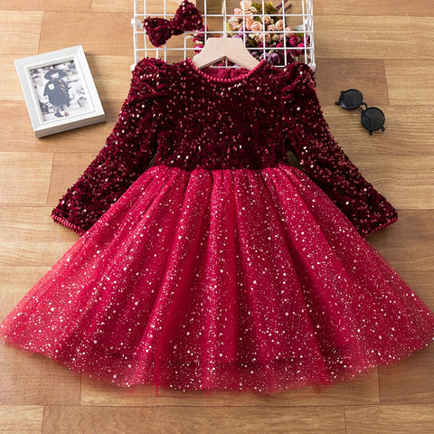 Sequin Girls Princess Party Dresses for 3-8 Yrs Kids Birthday Wedding Evening Prom Gown Spring Fall Long Sleeve Children's Dress