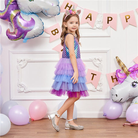 Girls Unicorns Dresses 2023 Summer Baby Girls Sequins Embroidery Dress Kids Elegant Princess Party Vestidos Children Tulle Dress