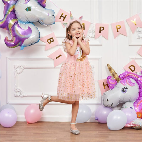 Girls Unicorns Dresses 2023 Summer Baby Girls Sequins Embroidery Dress Kids Elegant Princess Party Vestidos Children Tulle Dress