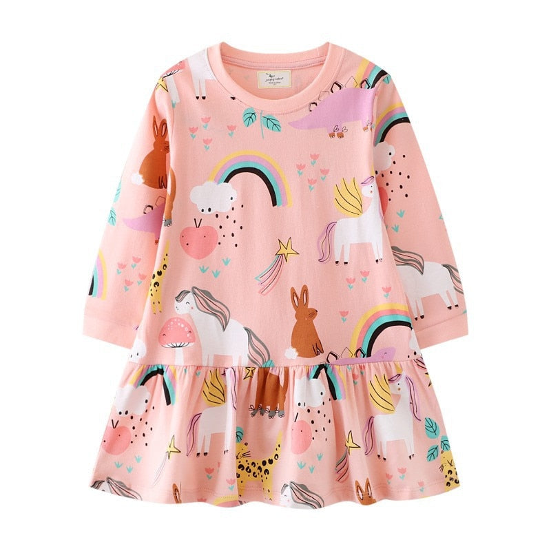 Jumping Meters Autumn Winter Children's School Dresses Long Sleeve Animals Embroidery Toddler Kids Frocks Costume Party Dress