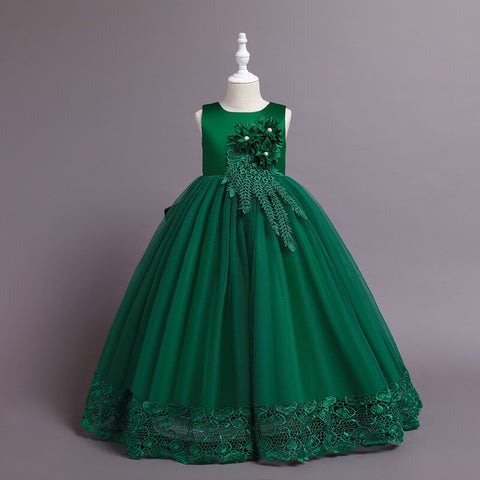 New Children Embroidery Fashion Dress Skirt Summer Long Lace Edge Princess Catwalk Dress Girls Flower Party Performance Dress