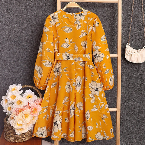 5-12Y Girl Spring and autumn style long-sleeved dress plant floral print round neck princess skirt party dress clothing