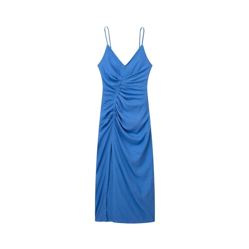 TRAF Summer Women Solid Dress 2023 New Beach Style V-Neck Pleated Decoration Mid-Calf Side Slit Sheath Spaghetti Strap Dress