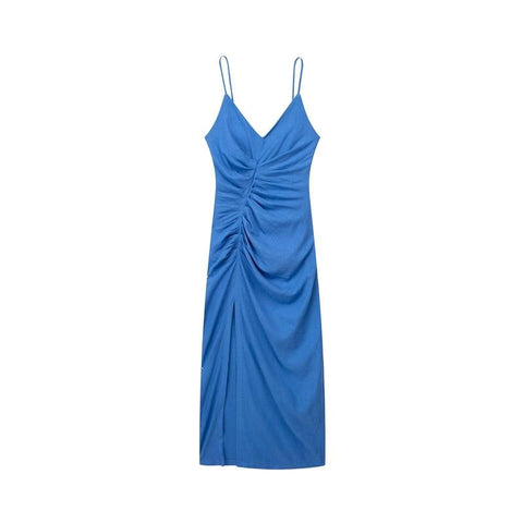 TRAF Summer Women Solid Dress 2023 New Beach Style V-Neck Pleated Decoration Mid-Calf Side Slit Sheath Spaghetti Strap Dress