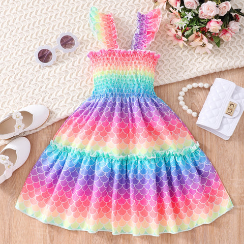 Summer Dress Girls Cartoon Animal Mermaid Butterfly Rainbow Flying Sleeve Kids Dresses Cotton Ruffles Toddler Girl Clothes 1-7Y