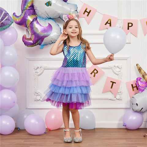 Girls Unicorns Dresses 2023 Summer Baby Girls Sequins Embroidery Dress Kids Elegant Princess Party Vestidos Children Tulle Dress