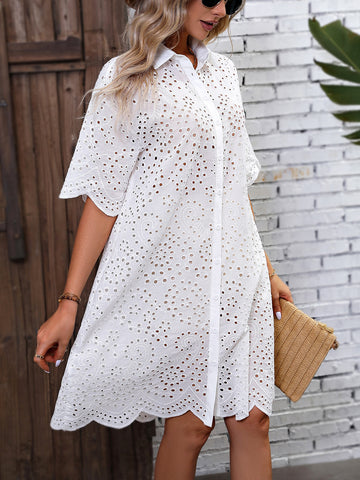 Finjani Eyelet Embroidery Drop Shoulder Dress Women's Button Front Dresses For Summer Elegant Party Dresses For Women 2023 New