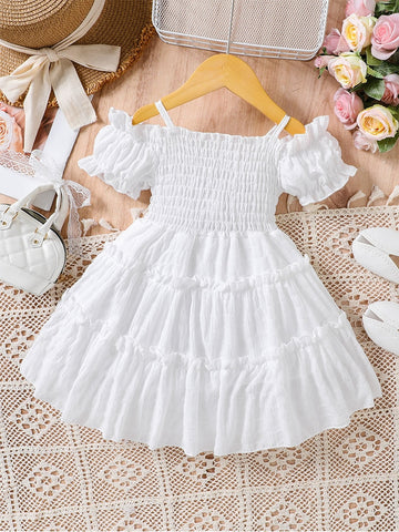 Girls Shirred Puff Sleeve Frill Trim Flowers Pattern Party Dress Kids Summer Clothes