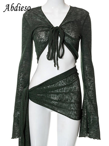 Abdieso Green Summer Sexy Beach Dress Sets Women See Through Outfits 2023 White Long Sleeve Crop Top and Mini Skirt 2 Pieces Set
