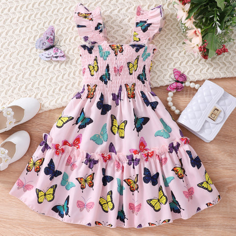 Summer Dress Girls Cartoon Animal Mermaid Butterfly Rainbow Flying Sleeve Kids Dresses Cotton Ruffles Toddler Girl Clothes 1-7Y