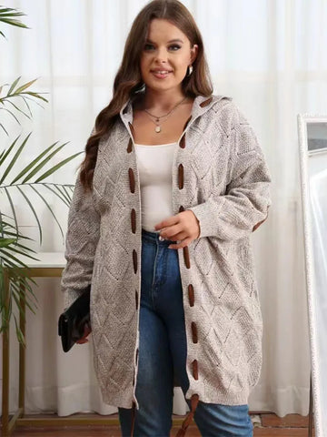 Plus Size Color Block Hooded Cardigan, Elegant Mid-Length Thick Knitted Sweater Coat With String, Women's Plus Size Clothing
