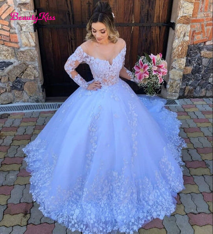 White Princess Ball Gown Wedding Dress 2022 Lace Appliques Long Sleeves Wedding Gowns Plus Size Robe De Mariee