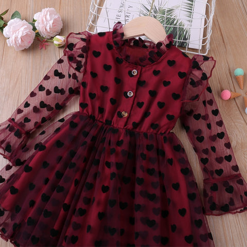 Humor Bear 2022 Girl Long Sleeve Dress Spring Summer Mesh Yarn  Heart Printed Princess Party Dress Kid Clothes For 2-6Y