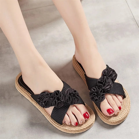 Women s Casual Flat Sandals with 3D Flower Embellishments Open Toe Design and Hemp Rope Sole for Summer Comfort