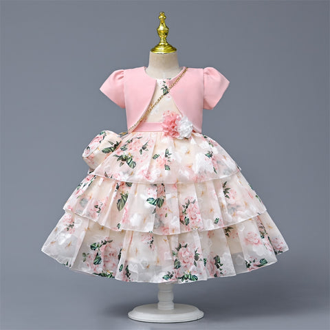 Yoliyolei Chiffon Layers Ball Dresses Children 3 Pcs Set 5 Years Birthday Kids Gown Summer Child Clothes Dress With Bag Coat