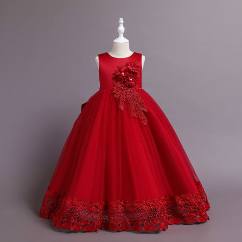 New Children Embroidery Fashion Dress Skirt Summer Long Lace Edge Princess Catwalk Dress Girls Flower Party Performance Dress