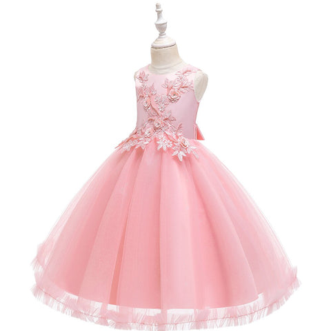 Pink Knee-Length Tulle Flower Girl Dress For Kids Round Neck Embroidered Child Party Dress For Girl 3-12 Years Old Sleeveless