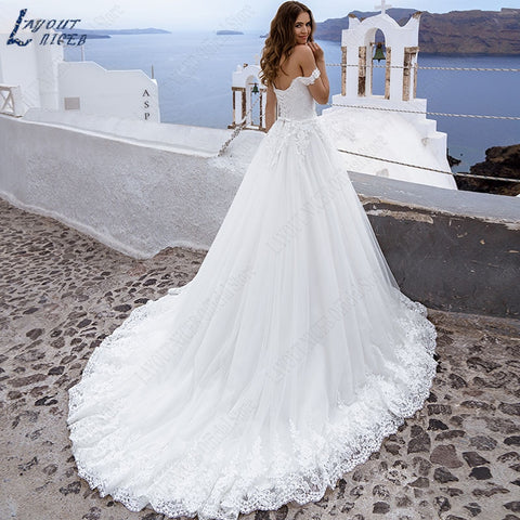 LAYOUT NICEB Sweetheart Wedding Dress Appliques A Line Wedding Gowns Off Shoulder Lace Up Vestidos De Noiva Mariage Princess