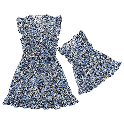 Joyccin Mother Kids Cross Wrap V-neck Clothing Ruffle Flutter-sleeve Family Matching Outfits All Over Dots Boho Vacation Dresses