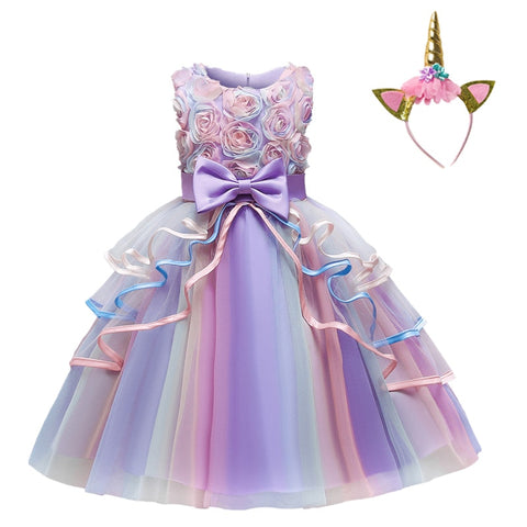 Kids Unicorn Dress for Girls Flower Rainbow Princess Fancy Birthday Party Dress Halloween Perform Costume Unicorn Girl Dress