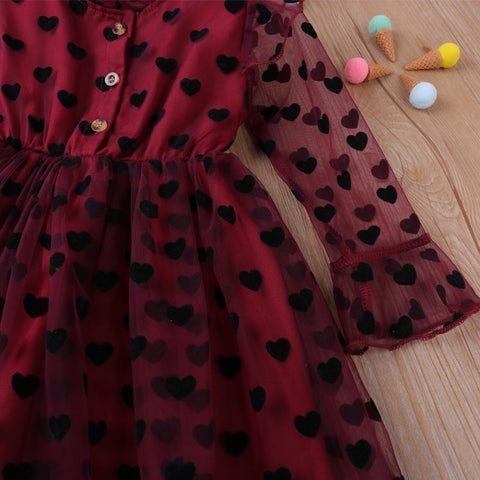 Humor Bear 2022 Girl Long Sleeve Dress Spring Summer Mesh Yarn  Heart Printed Princess Party Dress Kid Clothes For 2-6Y