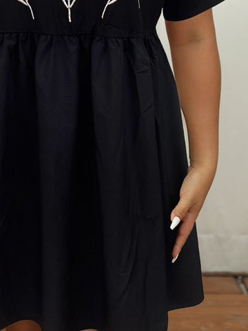 Finjani Plus Size Women's Dresse Black Hem Shirred Waist Dresses Crewneck Chic And  A-line Dress