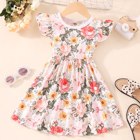 Summer Dress for Girls Lovely Cartoon Animal Dinosaur Flying Sleeve Kids Dresses Cotton Ruffles New Toddler Girl Clothes 1-7Y