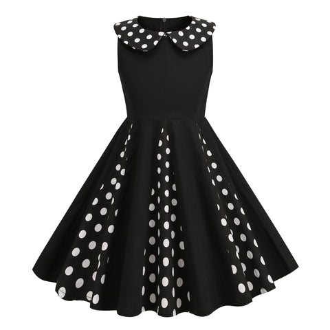 Kids Girls 50s Audrey Vintage Polka Dot Swing Party Rockabilly Dress Retro Peter Pan Doll Collar Wedding Casual Skater Dress