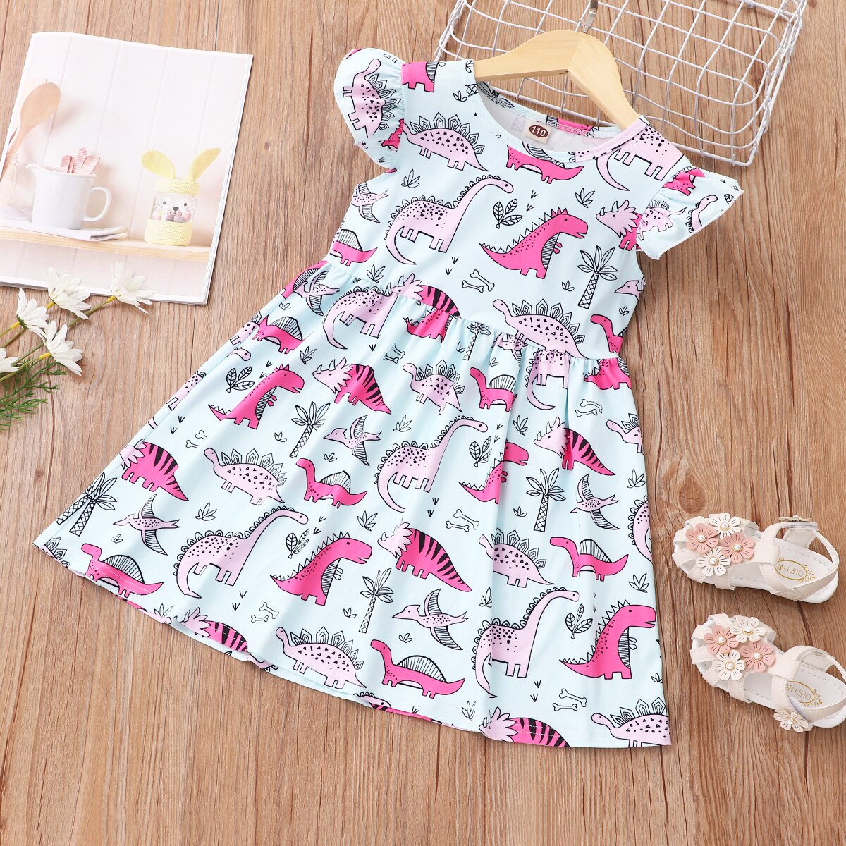 Summer Dress for Girls Lovely Cartoon Animal Dinosaur Flying Sleeve Kids Dresses Cotton Ruffles New Toddler Girl Clothes 1-7Y