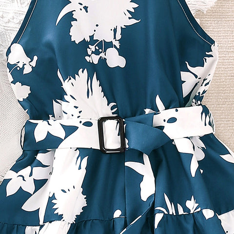 Girls' Summer Knee Length Skirt Casual Style Polyester Small Round Neck Hanging Neck Sleeveless Printed Dress Belt Comfortable