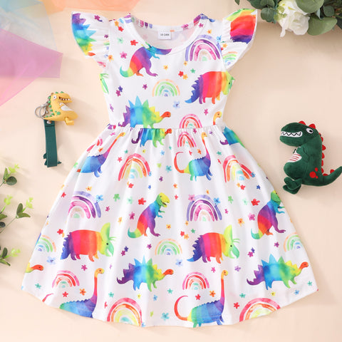 Flying Sleeve Dress Baby Girls Kids Party Tutu Ruffle Rainbow Dinosaur Dress Cotton Newborn Costume for 2-9Y