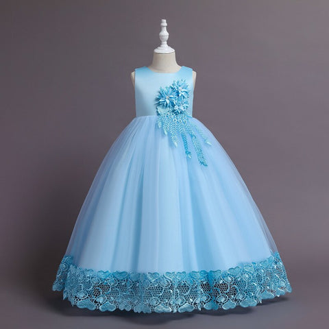 New Children Embroidery Fashion Dress Skirt Summer Long Lace Edge Princess Catwalk Dress Girls Flower Party Performance Dress
