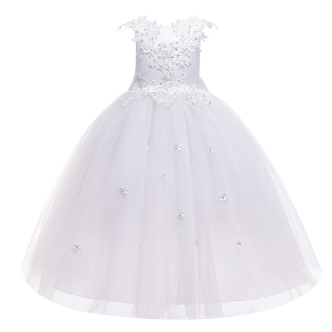 Formal Tulle Flower Bridesmaid Girls Dress Vestido White Wedding Princess Prom Kids Party Dresses For Girls Bow Birthday Costume