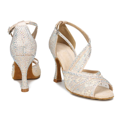 Mesh Breathable Latin Dance Shoes Women's High Heel Diamond 2023 Summer Sandals Indoor Soft Bottom Jazz Tango Sasa Free Shipping