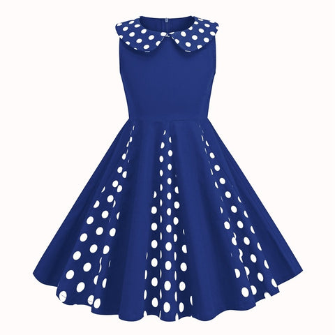 Kids Girls 50s Audrey Vintage Polka Dot Swing Party Rockabilly Dress Retro Peter Pan Doll Collar Wedding Casual Skater Dress