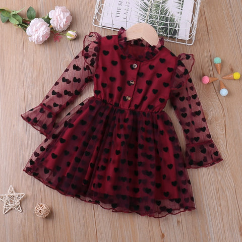 Humor Bear 2022 Girl Long Sleeve Dress Spring Summer Mesh Yarn  Heart Printed Princess Party Dress Kid Clothes For 2-6Y