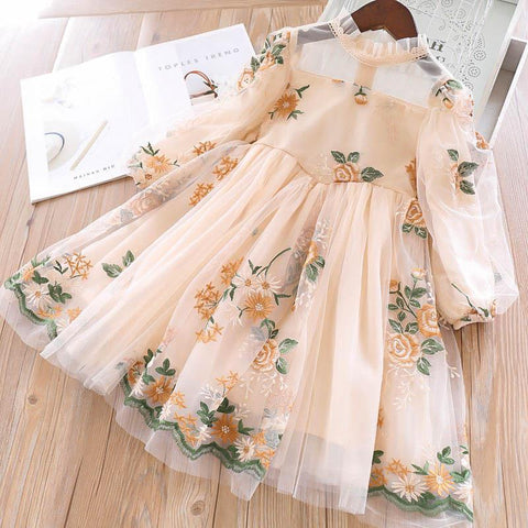 New Girls Elegant Dress Wedding Party Princess Dress Casual Girls Clothes Long Sleeves Flower Embroidery Children's Vestido 3 8Y